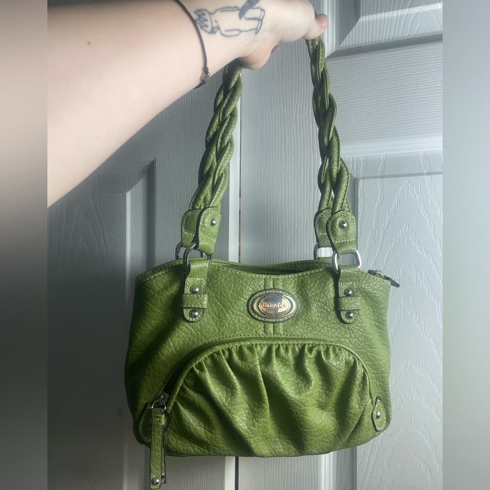 Strada Green Shoulder Bag with Braided Straps and Ruched Detailing